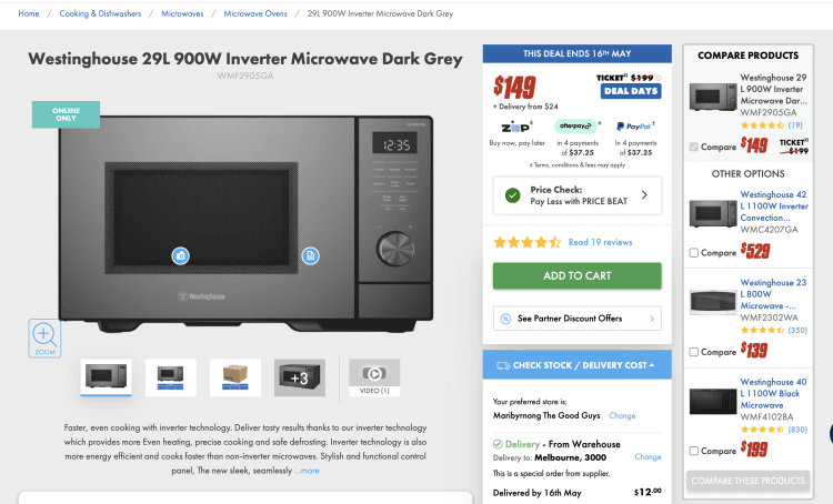 The Good Guys: Westinghouse 29L 900W Inverter Microwave Dark Grey – $149
